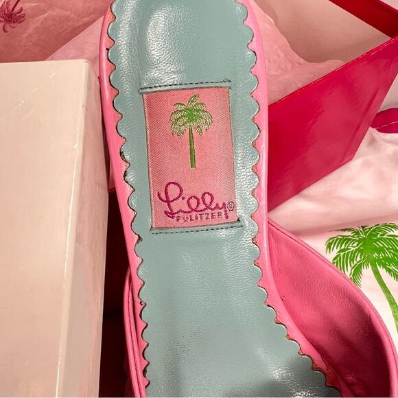 Lilly Pulitzer Women's Napa Sandals Slides Hibiscus Pink Leather Bow Kitten Heel - Picture 5 of 9